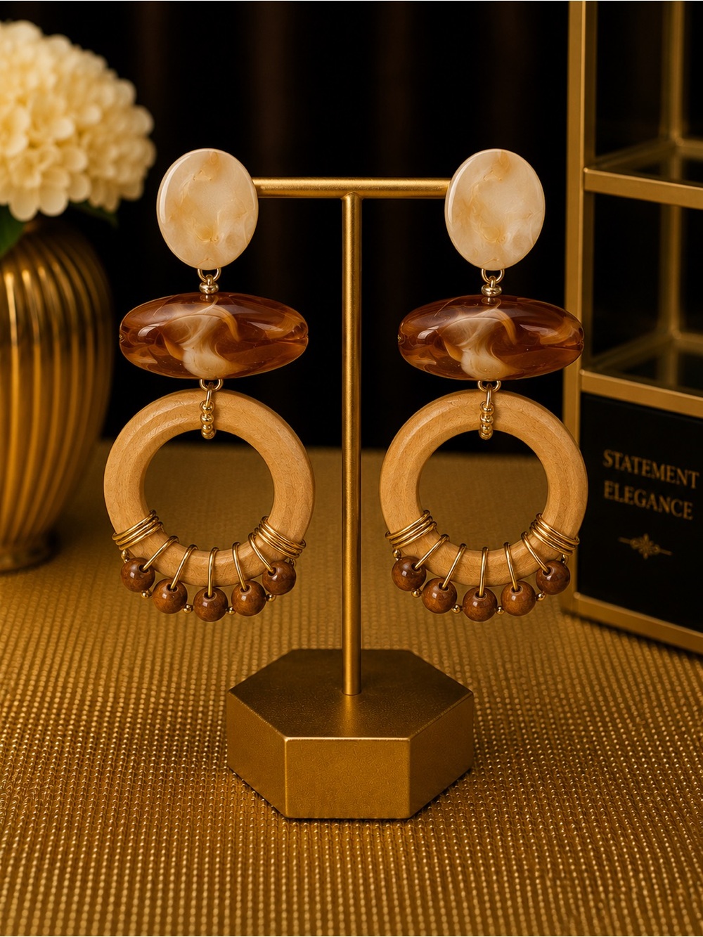 Brown Resin & Wood Hoop Statement Earrings